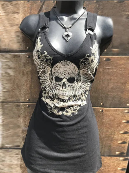 Skull Print Tank Top Women Summer New Sexy Tee Streetwear Round Neck Casual Loose Long Tops Black Fashion