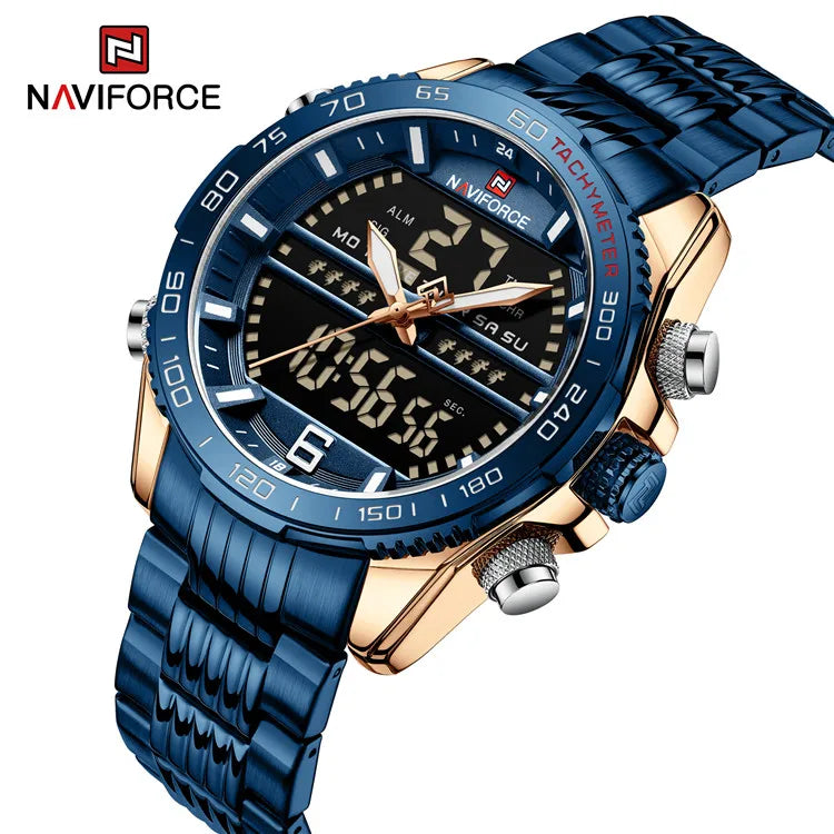 NAVIFORCE 9195S Mens Multi Function Waterproof Sports Watch Fashion Stainless Steel Chain Analog LED Watch