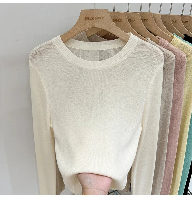 Lady Basic O-Neck Slim T-Shirt Women Solid Multi Color All-Match Trend Casual Top Screw Knit Long Sleeve Elastic Spring Office