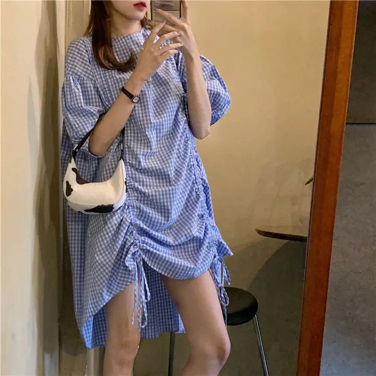 Korean Plaid Printed Loose Midi Dress Summer Short Sleeve Stylish Shirring Drawstring Female Irregular Casual O-Neck Dresses New