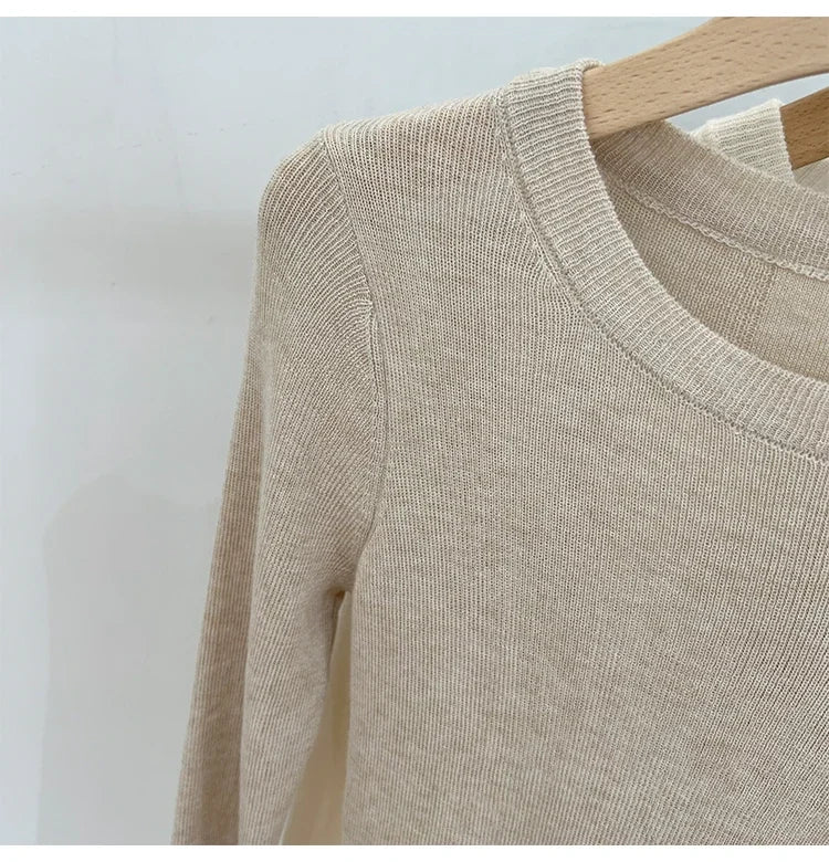 Lady Basic O-Neck Slim T-Shirt Women Solid Multi Color All-Match Trend Casual Top Screw Knit Long Sleeve Elastic Spring Office