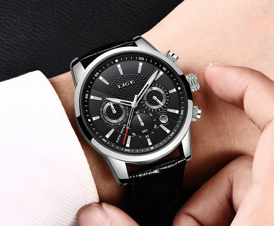 LIGE Watches Men 2024 Top Brand Luxury Casual Leather Quartz Men Watch Man Business Clock Male Sport Waterproof Date Chronograph
