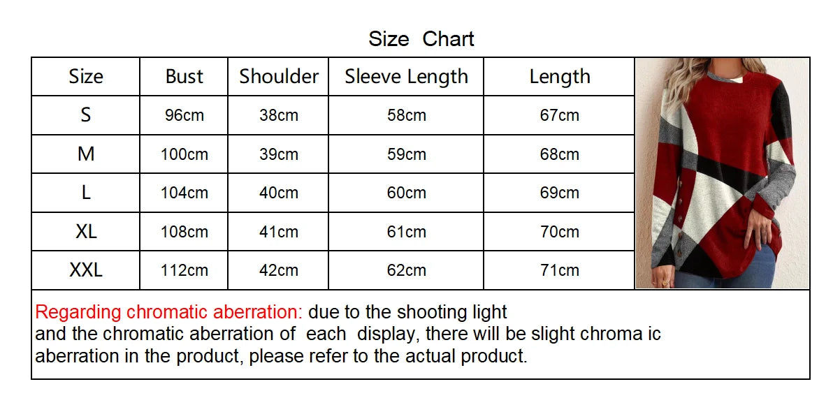 European and American Women Casual Color Block Long Sleeve Buttons Top Dressy Casual Geometric Tunic Tops Crewneck T Shirts