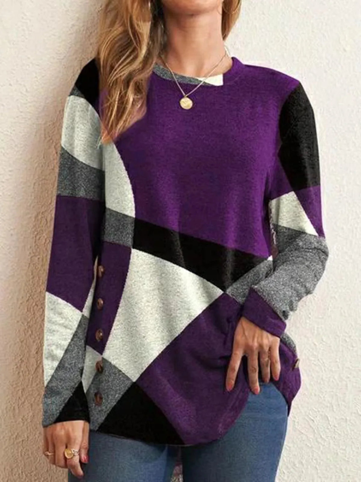 European and American Women Casual Color Block Long Sleeve Buttons Top Dressy Casual Geometric Tunic Tops Crewneck T Shirts