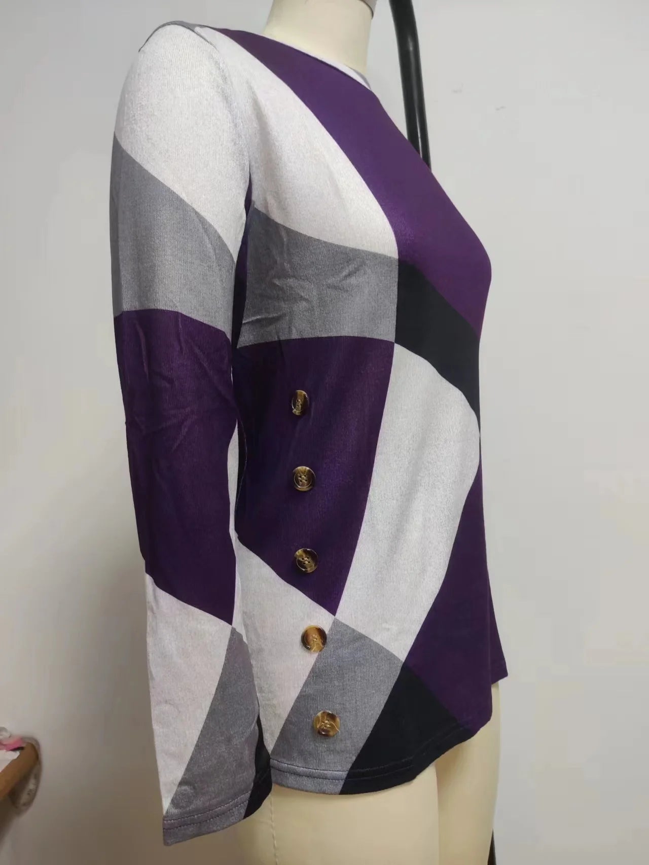 European and American Women Casual Color Block Long Sleeve Buttons Top Dressy Casual Geometric Tunic Tops Crewneck T Shirts