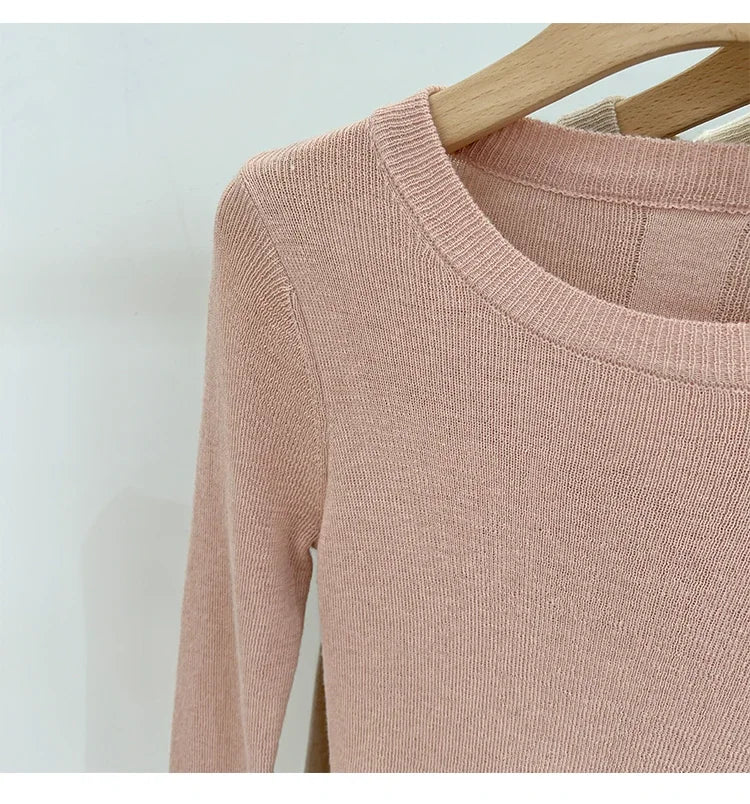 Lady Basic O-Neck Slim T-Shirt Women Solid Multi Color All-Match Trend Casual Top Screw Knit Long Sleeve Elastic Spring Office
