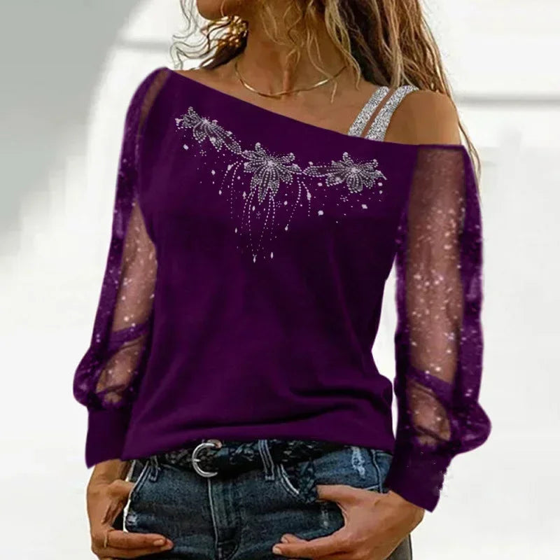 Women Fashion Casual Diagonal Collar Long Sleeve Tops Ladies Sexy Off Shoulder Loose T-shirts Net Yarn Pullover Blouses