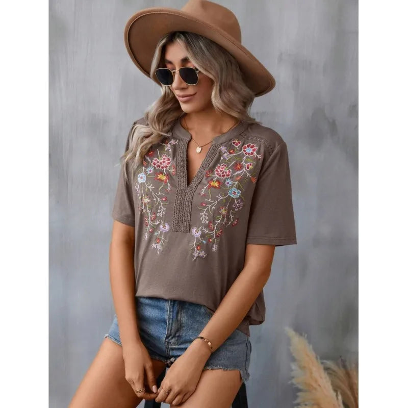 Ladies' Retro Casual Chic Embroidered Women's Shirt With Lace And Lace Stitching, V-neck Loose And Comfortable Top, Women's T