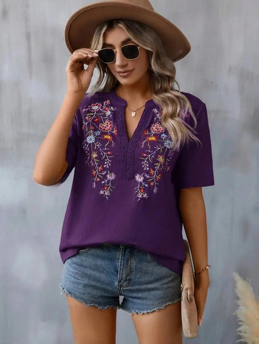 Ladies' Retro Casual Chic Embroidered Women's Shirt With Lace And Lace Stitching, V-neck Loose And Comfortable Top, Women's T