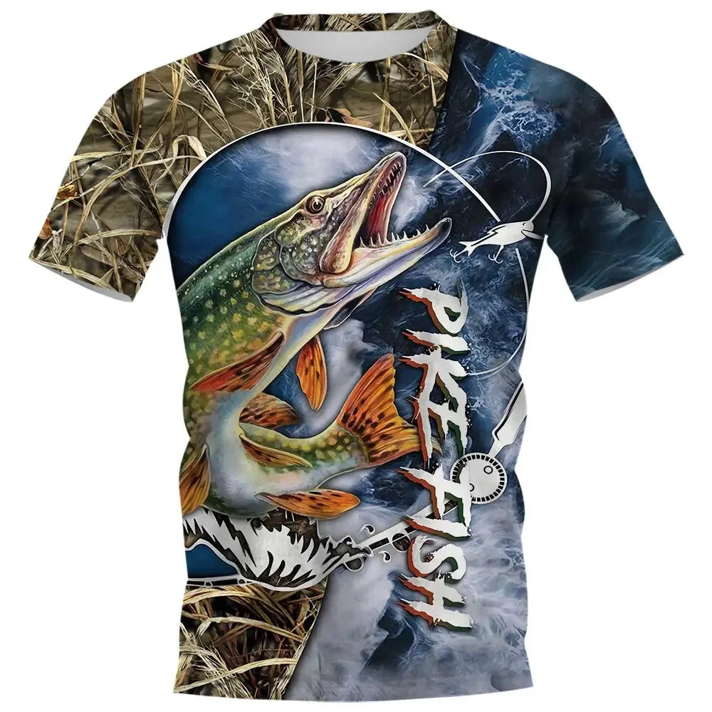 Summer Carp Fishing Print T-shirts For Men Outdoor Catfish Printing Loose Short Sleeve Quick Drying Tee Shirt Casual Street Top