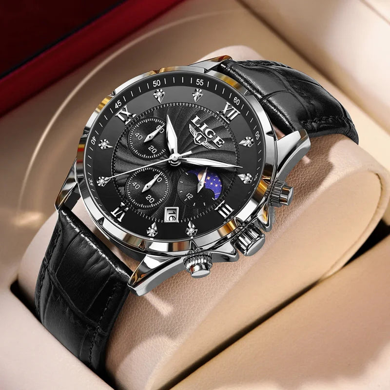 New Mens Watches LIGE Top Brand Luxury Leather Casual Quartz Watch Men's Sport Waterproof Clock Watch Relogios Masculino+Box