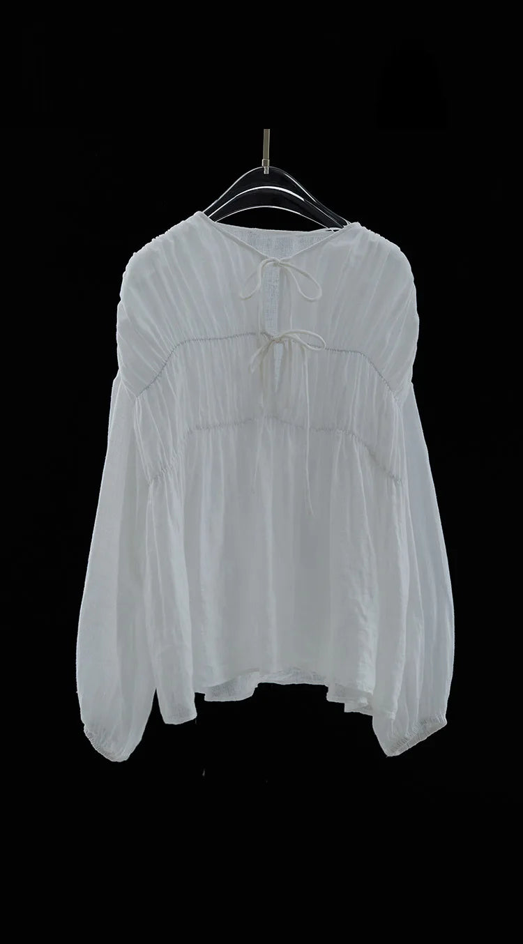 Komiyama O Neck Lace Up Shirts Blouses Vintage Elegant Pleated Blusas Mujer Spring Clothes Women Japan Fashion Shirt Tops