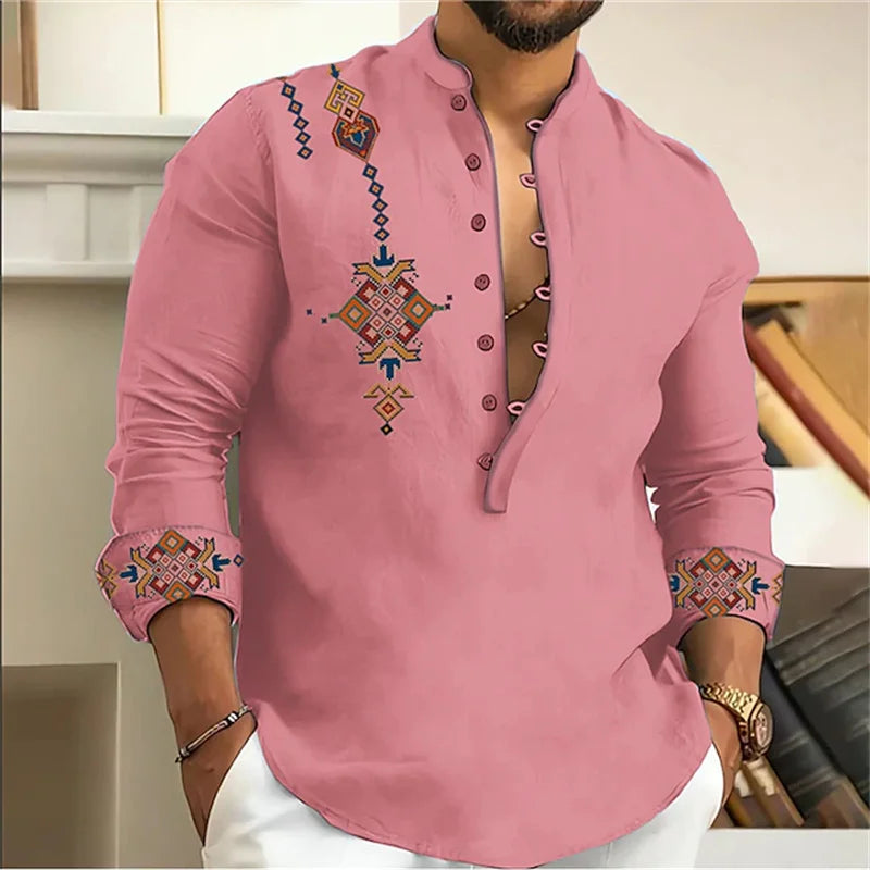 15-color men's shirt tribe pattern printing retro geometry leads outdoor street long-sleeved shirt super large size XS-6XL