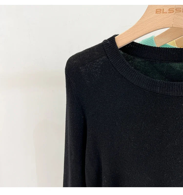Lady Basic O-Neck Slim T-Shirt Women Solid Multi Color All-Match Trend Casual Top Screw Knit Long Sleeve Elastic Spring Office