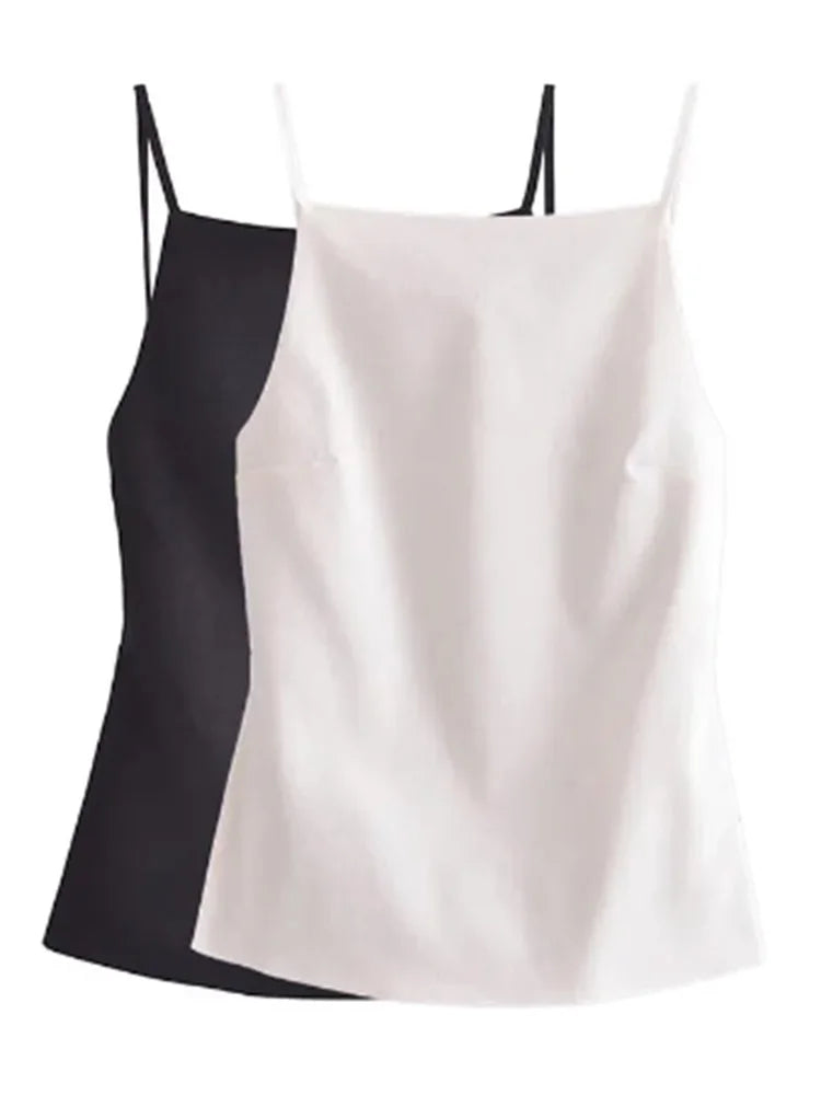 Women Fashion Solid Lace Up Backless Camisole Vintage Thin Straps Square Collar Female Chic Lady Tops