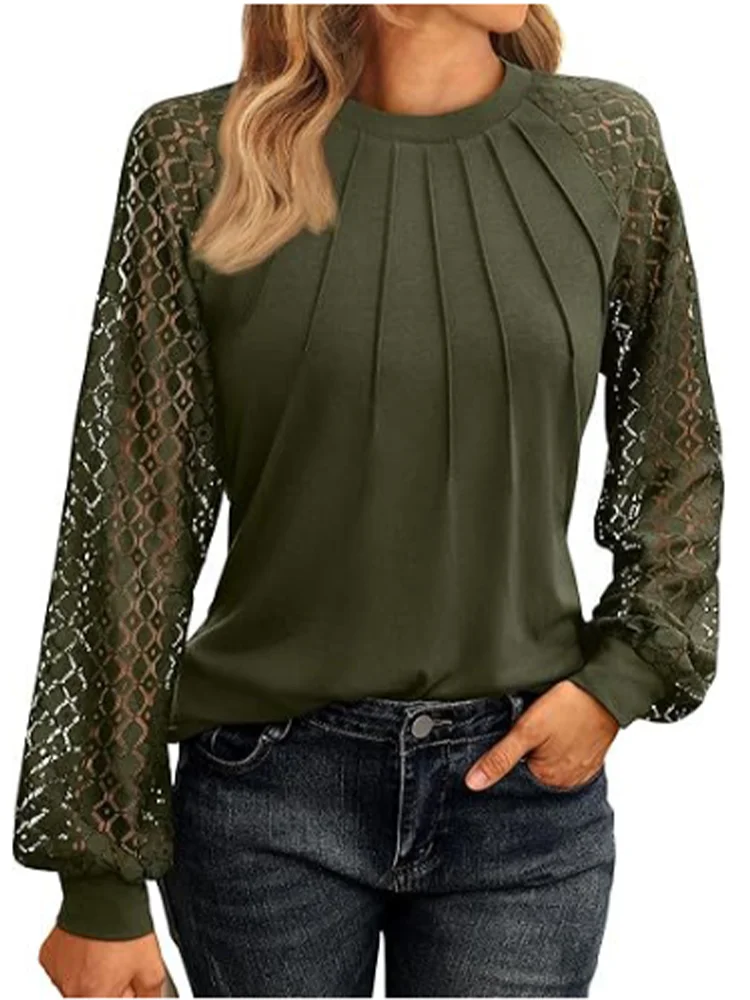 Elegant Lace Pleated Solid Color Shirts Women's Round Neck Lantern Long Sleeved Blouse Autumn Daily Casual Top