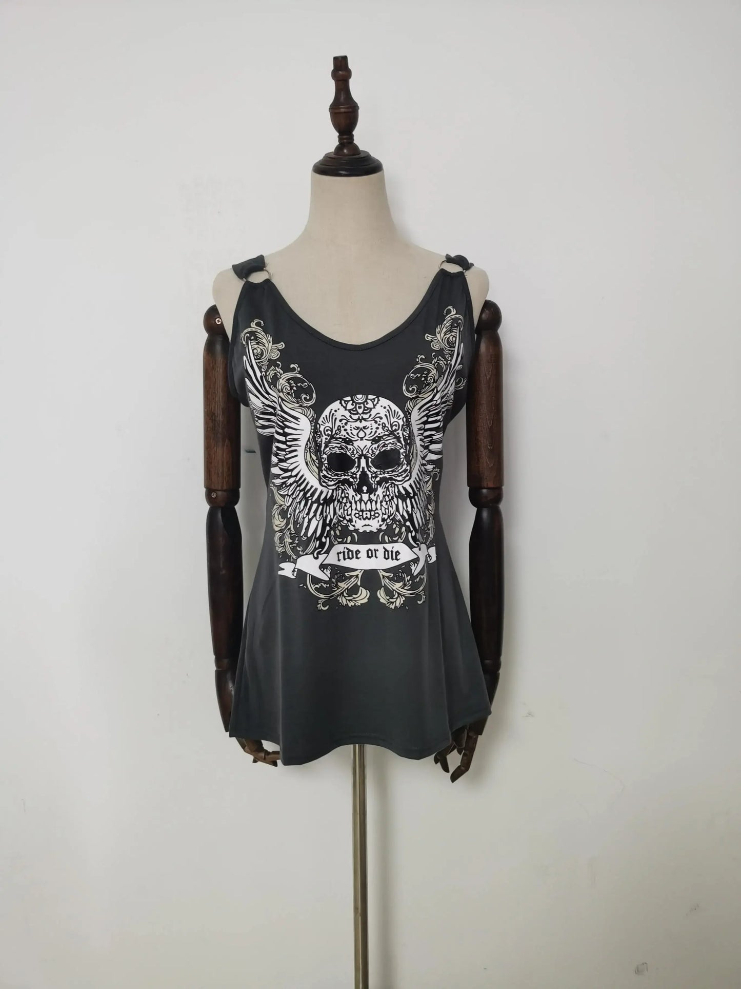 Skull Print Tank Top Women Summer New Sexy Tee Streetwear Round Neck Casual Loose Long Tops Black Fashion