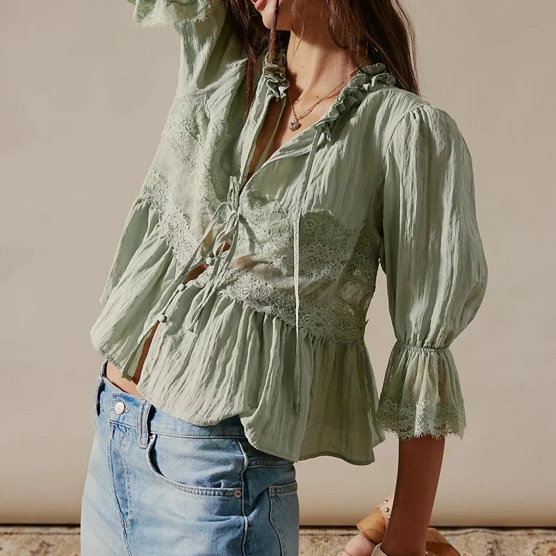 Women Ruffle Bow Tie Peplum Tops Boho Sheer Flowy Short Sleeve Blouse Lace Eyelet Frilly Babydoll Tees Shirt Streetwear