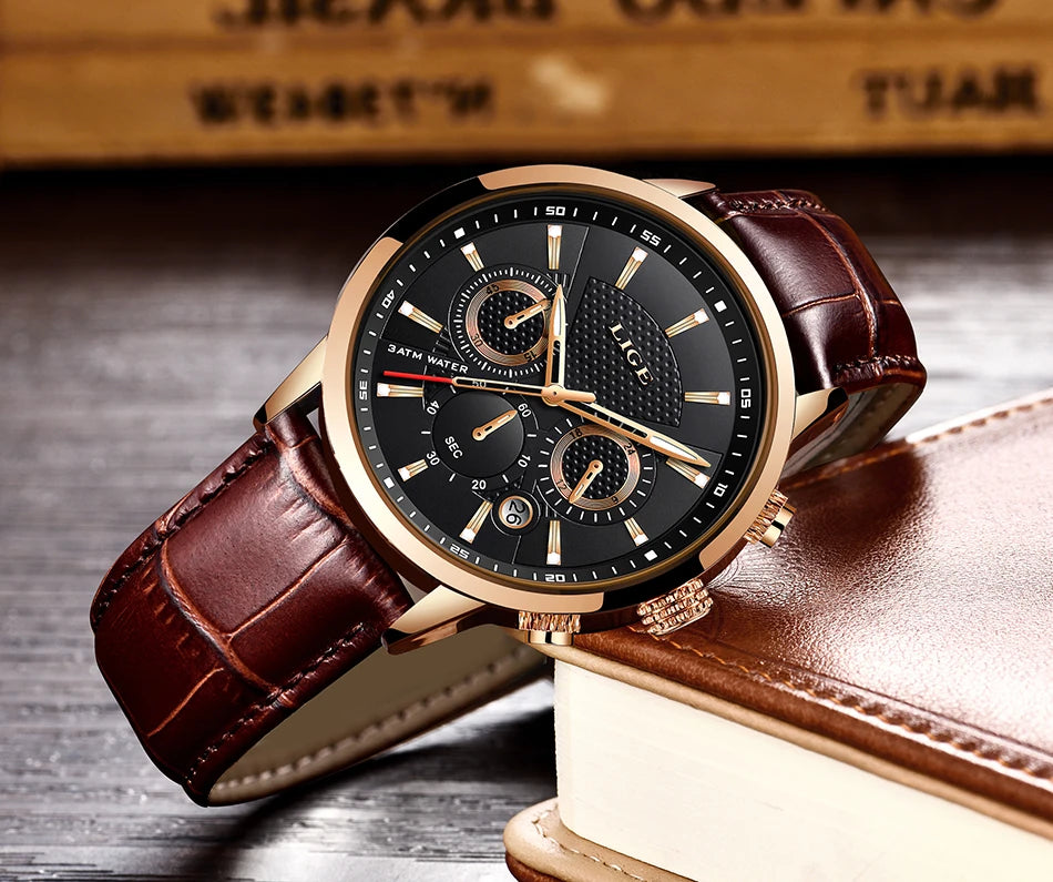 LIGE Watches Men 2024 Top Brand Luxury Casual Leather Quartz Men Watch Man Business Clock Male Sport Waterproof Date Chronograph