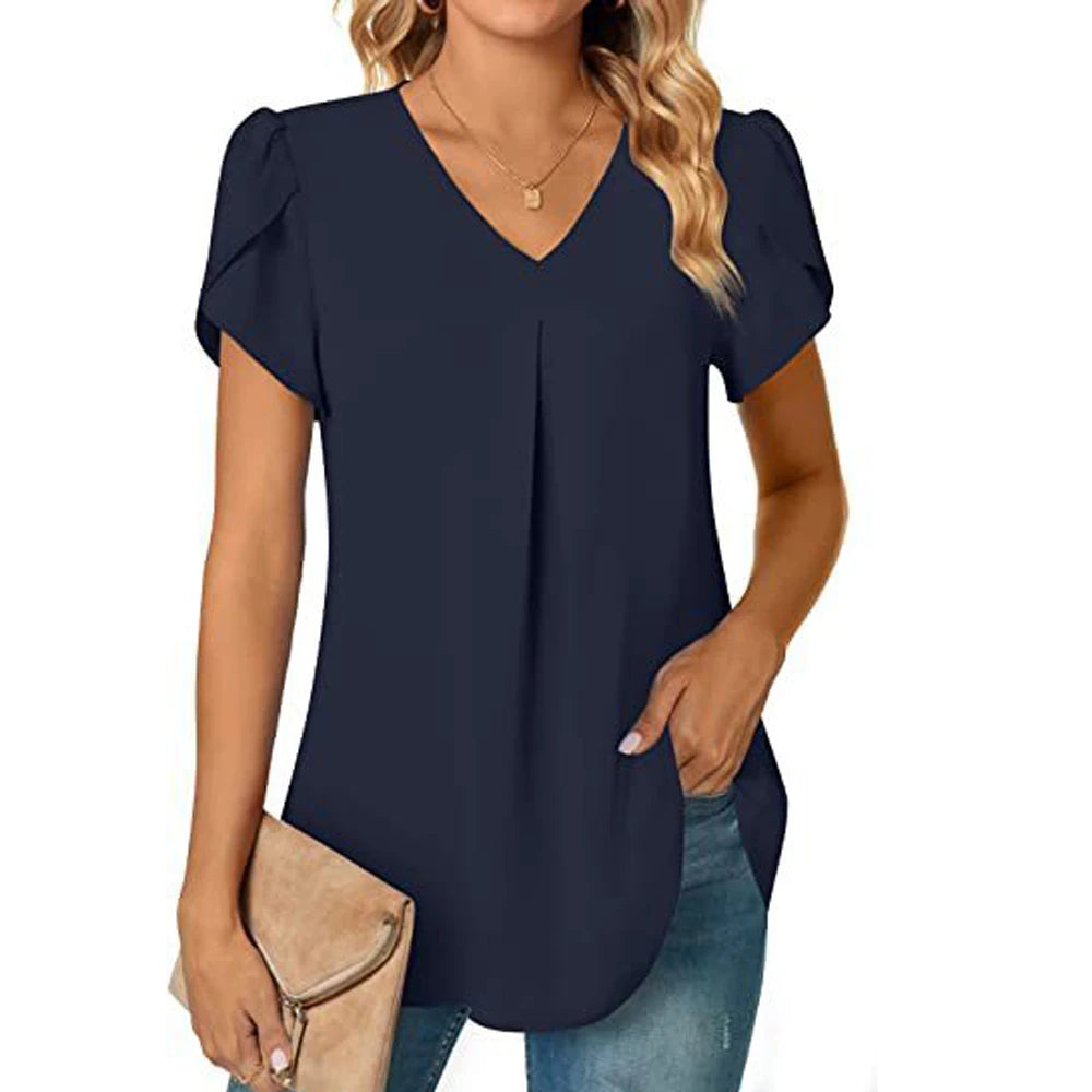 Sexy V Neck Ruffle Short Sleeve Blouse Shirts Summer Women V Neck Solid Color Loose OL Workout Blouse Tops SZE-ST23015