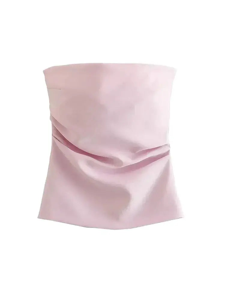 TRZA-Strapless Draped Bustier Tops for Women, Straight Neck, Back Zipper, Female Camis, Fashion