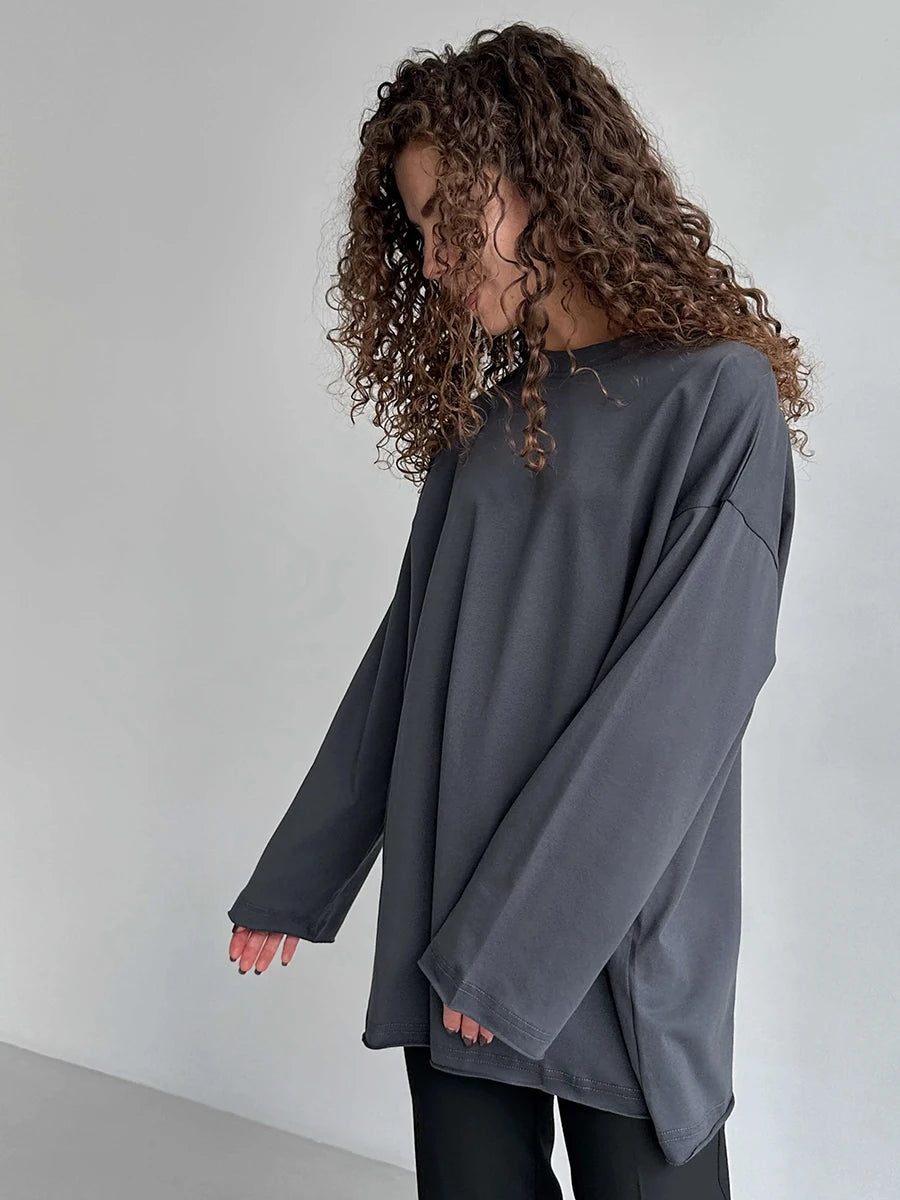 Bornladies Women Autumn 100% Cotton T-shirt Bottoming Spring Basic Fashionable Solid Lady Long Sleeve Loose Tops Shirts