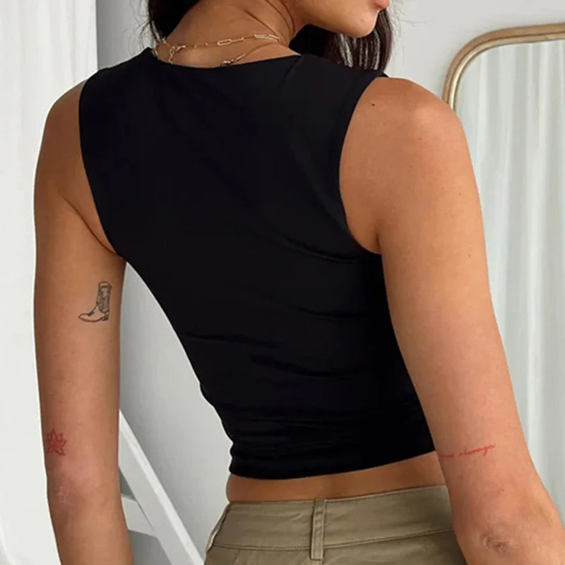 Sleeveless Collar Crop Top Women Tank Tops Casual Y2K Summer 2024 Black T Shirts Sexy