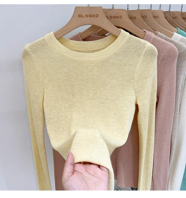 Lady Basic O-Neck Slim T-Shirt Women Solid Multi Color All-Match Trend Casual Top Screw Knit Long Sleeve Elastic Spring Office