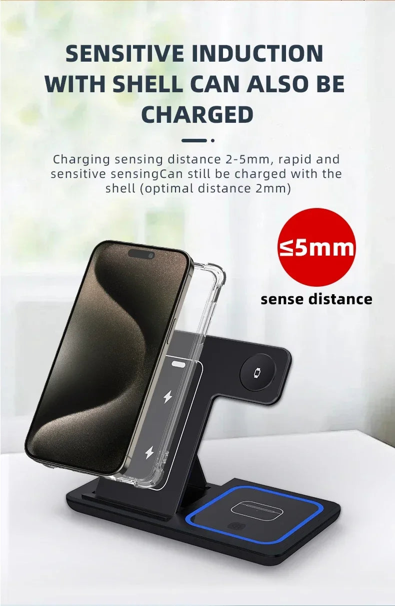 3 in 1 Wireless Charger Stand For iPhone 16 15 14 13 12 11 X iWatch 8 7 6 Airpods Pro 30W Foldable Fast Charging Dock Station