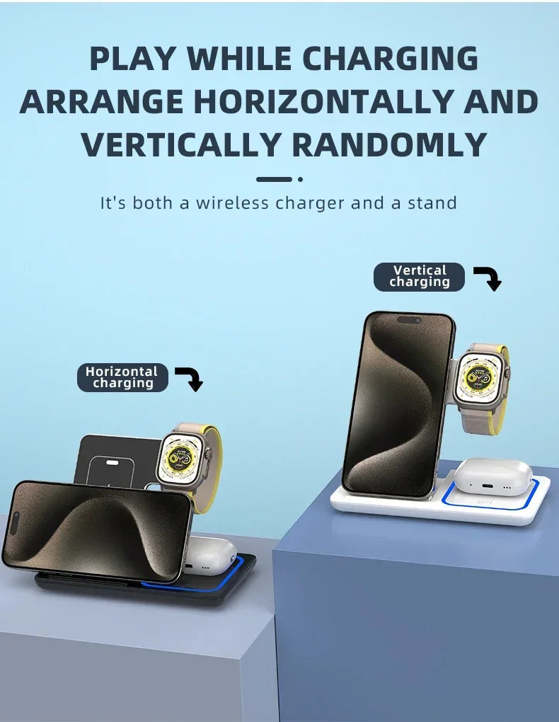 3 in 1 Wireless Charger Stand For iPhone 16 15 14 13 12 11 X iWatch 8 7 6 Airpods Pro 30W Foldable Fast Charging Dock Station