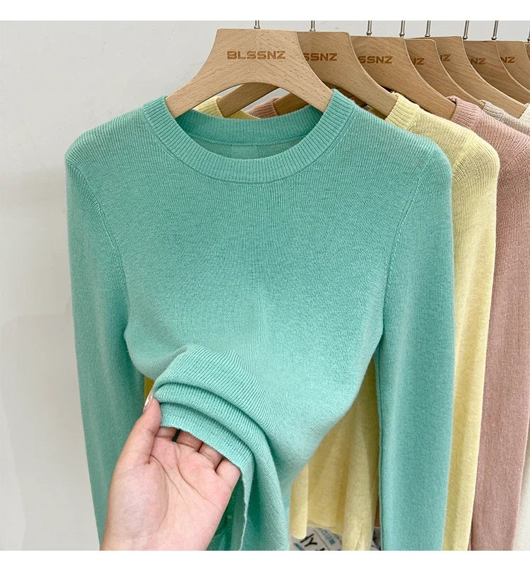 Lady Basic O-Neck Slim T-Shirt Women Solid Multi Color All-Match Trend Casual Top Screw Knit Long Sleeve Elastic Spring Office