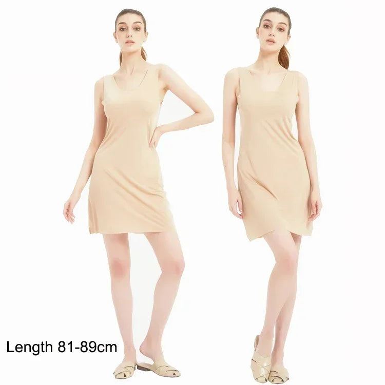 M-5XL Plus Size Full Slips Dresses For Women Summer Thin Seamless Ice Silk Petticoat Underskirt Sleeveless Underwear Dress Slips