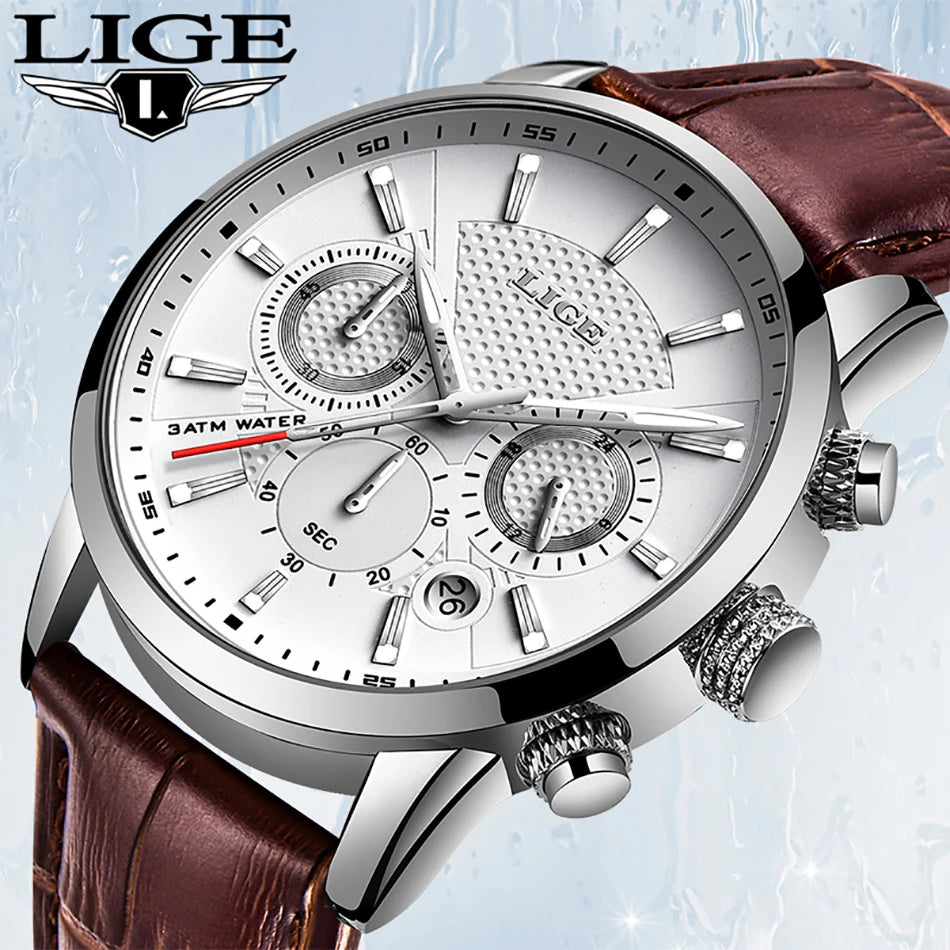 LIGE Watches Men 2024 Top Brand Luxury Casual Leather Quartz Men Watch Man Business Clock Male Sport Waterproof Date Chronograph