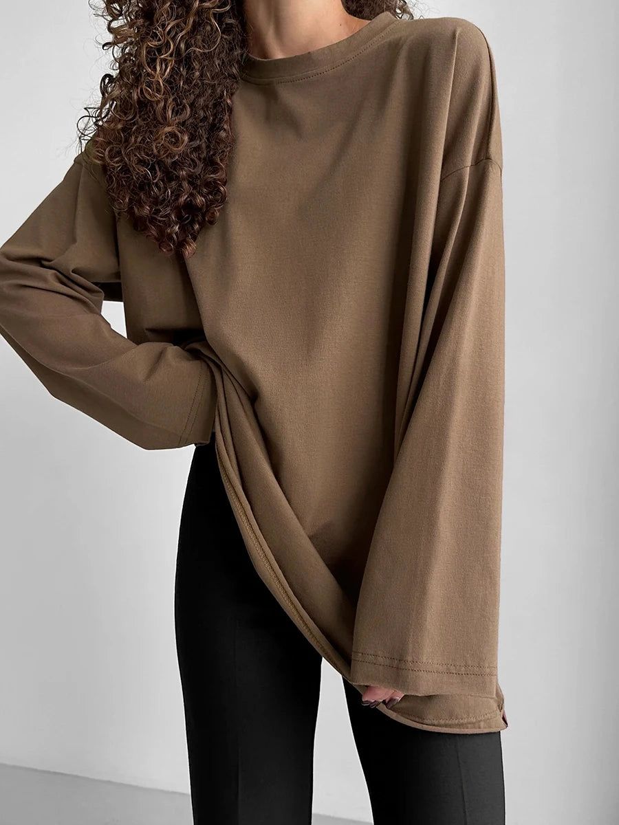Bornladies Women Autumn 100% Cotton T-shirt Bottoming Spring Basic Fashionable Solid Lady Long Sleeve Loose Tops Shirts