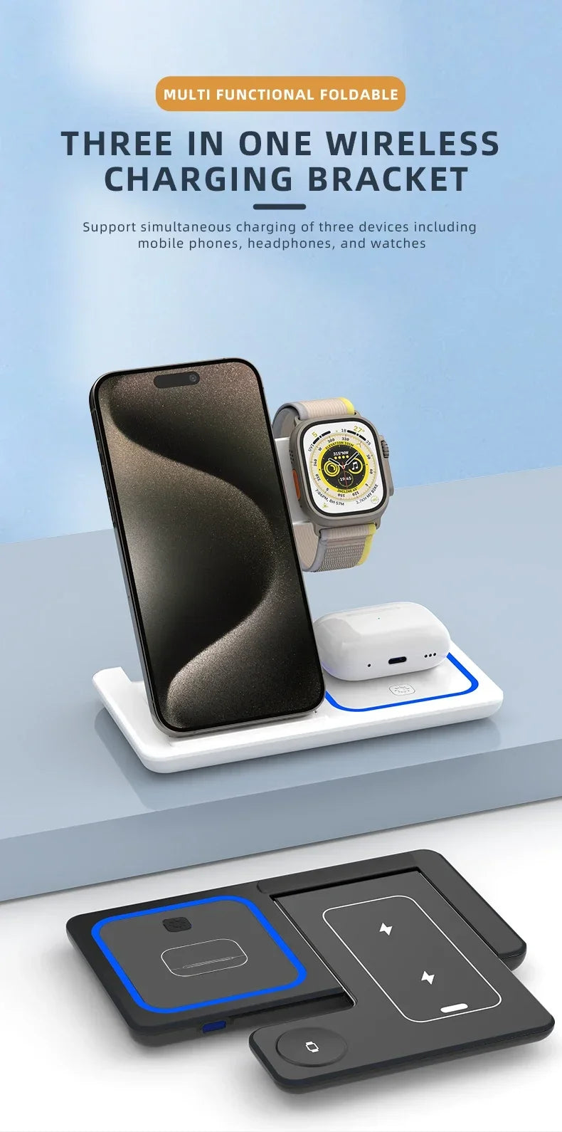 3 in 1 Wireless Charger Stand For iPhone 16 15 14 13 12 11 X iWatch 8 7 6 Airpods Pro 30W Foldable Fast Charging Dock Station