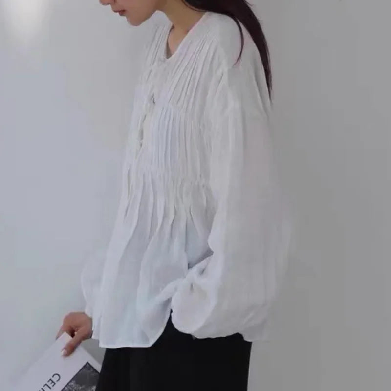 Komiyama O Neck Lace Up Shirts Blouses Vintage Elegant Pleated Blusas Mujer Spring Clothes Women Japan Fashion Shirt Tops