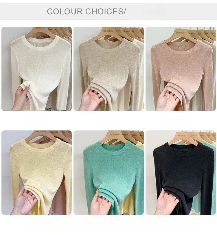 Lady Basic O-Neck Slim T-Shirt Women Solid Multi Color All-Match Trend Casual Top Screw Knit Long Sleeve Elastic Spring Office