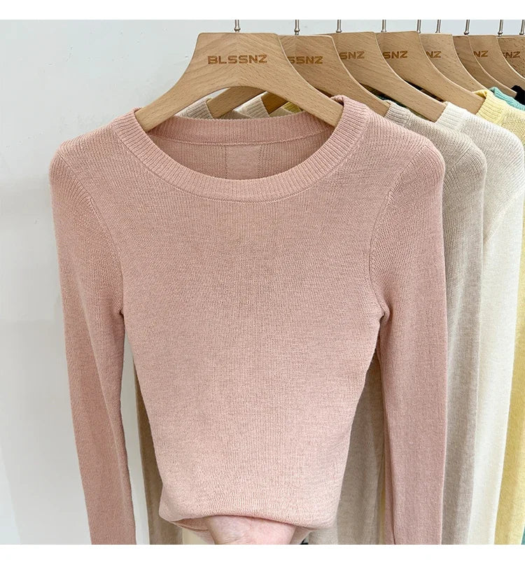 Lady Basic O-Neck Slim T-Shirt Women Solid Multi Color All-Match Trend Casual Top Screw Knit Long Sleeve Elastic Spring Office