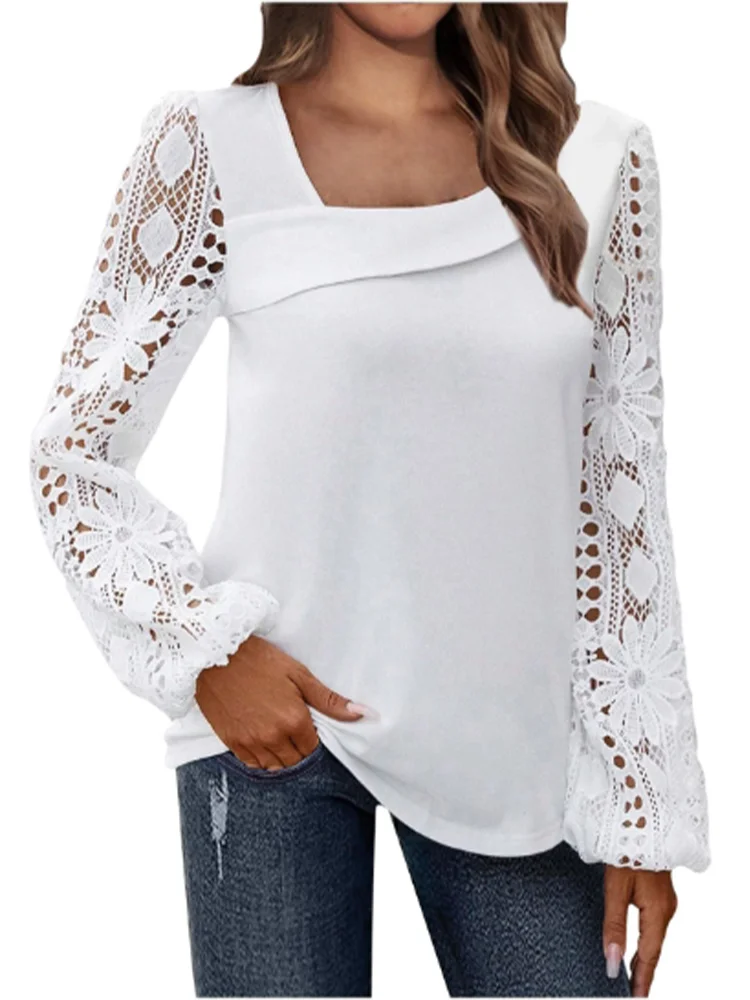 Slant Neck Solid Color Long Sleeved Lace Printed Women's Shirt Fashionable Elegant Office Urban Style Spring Top