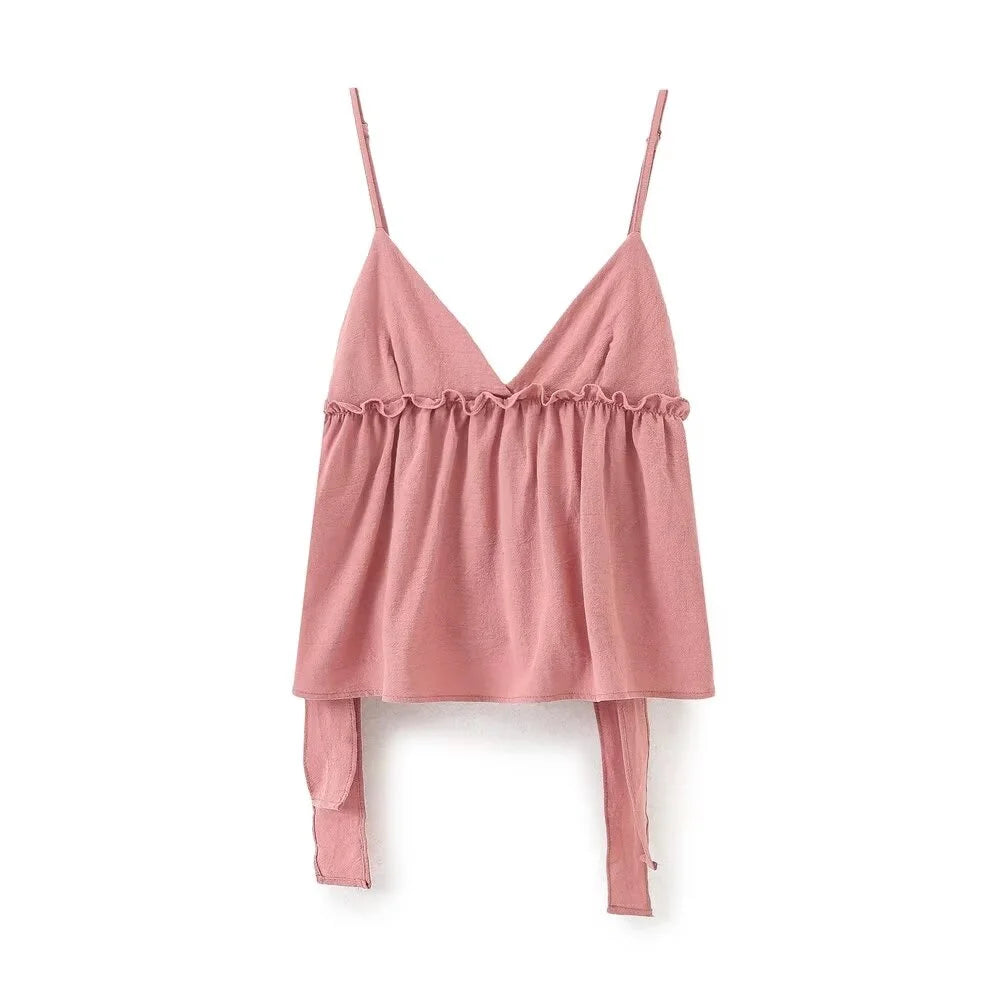 2024ZAR4 summer new women's European and American style top with a unique combination of lace up and ruffle suspender