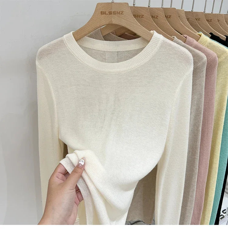 Lady Basic O-Neck Slim T-Shirt Women Solid Multi Color All-Match Trend Casual Top Screw Knit Long Sleeve Elastic Spring Office
