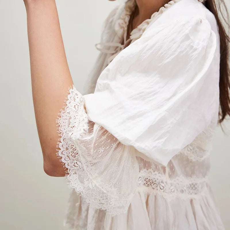 Women Ruffle Bow Tie Peplum Tops Boho Sheer Flowy Short Sleeve Blouse Lace Eyelet Frilly Babydoll Tees Shirt Streetwear
