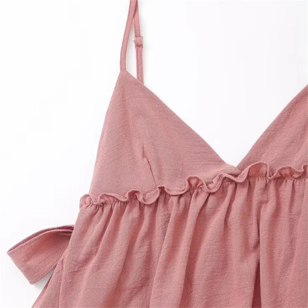 2024ZAR4 summer new women's European and American style top with a unique combination of lace up and ruffle suspender