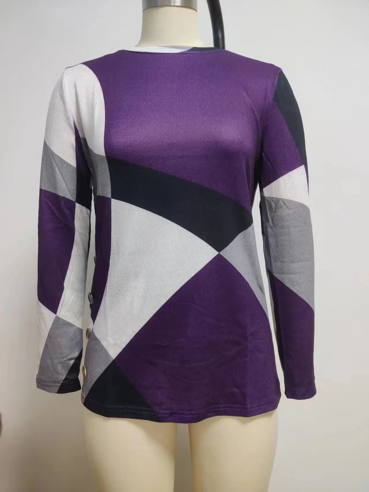 European and American Women Casual Color Block Long Sleeve Buttons Top Dressy Casual Geometric Tunic Tops Crewneck T Shirts