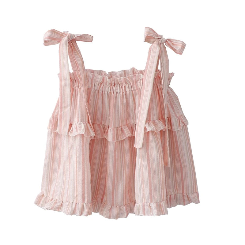 Sweet Hot Girl French Style Striped Lace-up Bow Loose Suspender Vest Women's New Summer Sleeveless Casual All-match Sling Tops