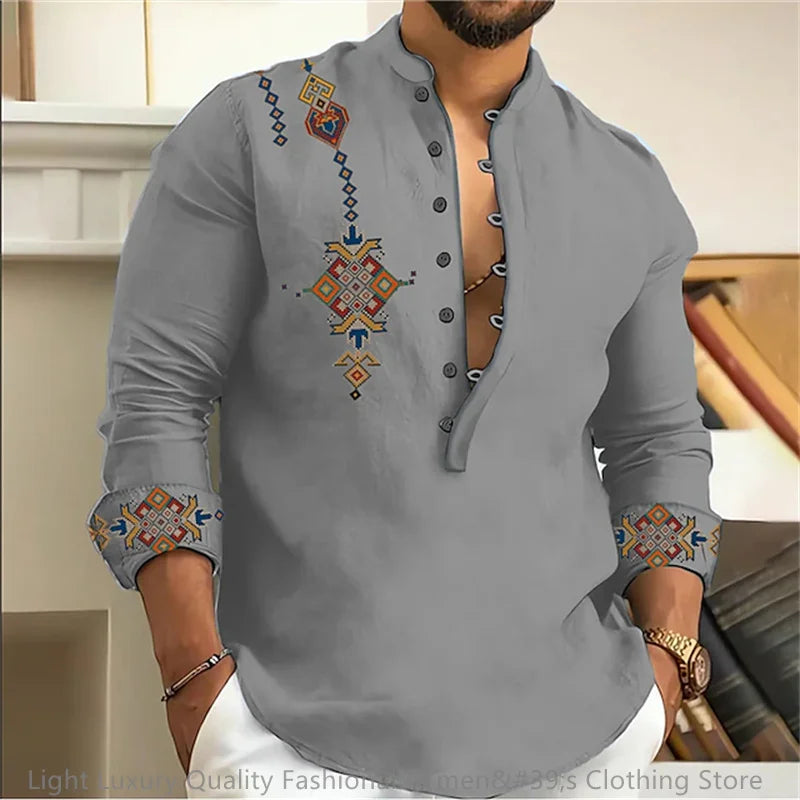 15-color men's shirt tribe pattern printing retro geometry leads outdoor street long-sleeved shirt super large size XS-6XL