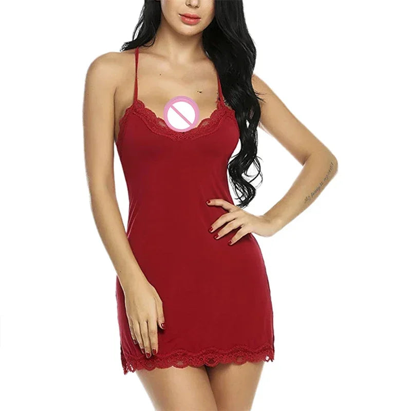 Summer Women's Fashionable Silk Satin Patchwork Lace Suspender with Back Lace Decoration Dress for Home Pajamas