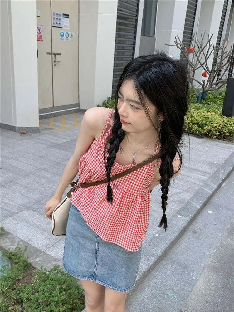 Red Plaid Camisole Women Backless Hotsweet Bandage All-match Loose College Personality Chic Summer Korean Style Fashion Ulzzang