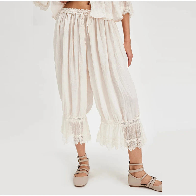 2025 Fashion Ruff Long Pants Women Casual Pleated Lace Lace Up Patchwork Straught Pants Lady Summer Chic Holiday Streetwear