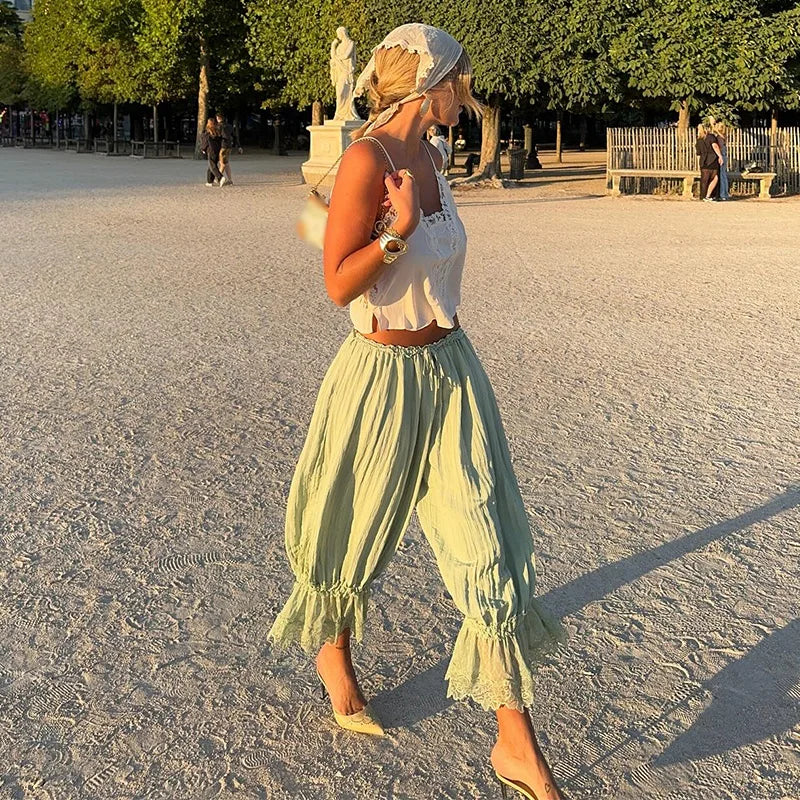 2025 Fashion Ruff Long Pants Women Casual Pleated Lace Lace Up Patchwork Straught Pants Lady Summer Chic Holiday Streetwear